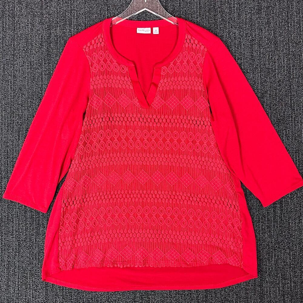 Kim Rogers Red Top Split Neck Lace 3/4 Sleeve Womens Plus Size 2X‎